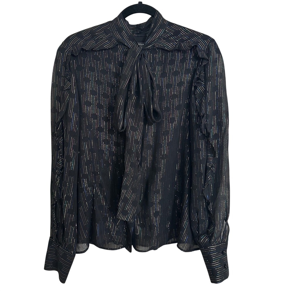 Jill Stuart Black Rainbow Metallic Stripe Silk Tie Neck Ruffle Blouse